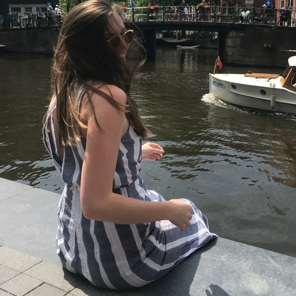 Blue and White Wide Leg Jumpsuit - Picture 5 of 7